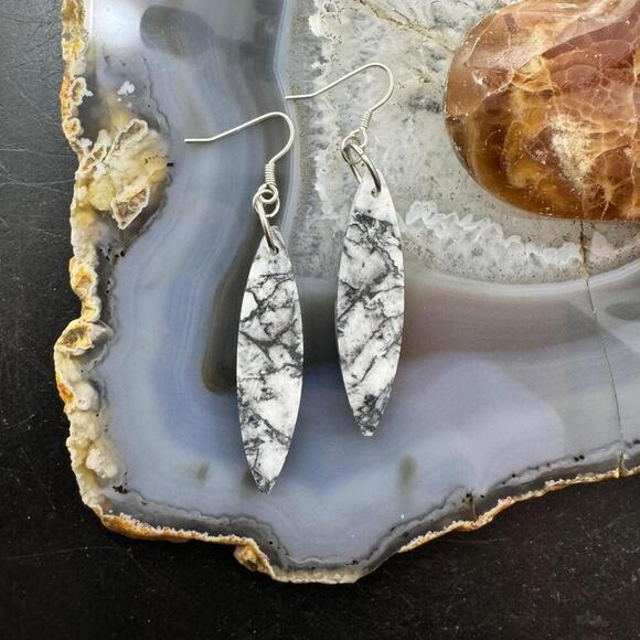 Sterling Silver Elongated Marquise Net Jasper Slab Dangle Earrings For Women 231 - Picture 2 of 10
